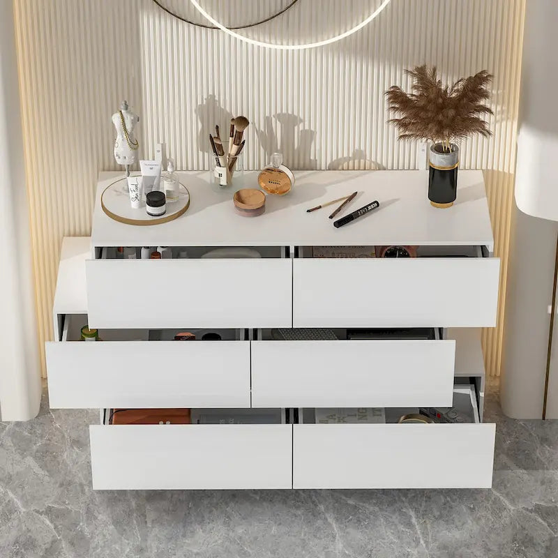 6-Drawer High Gloss Dresser Chest with Offset Design, Black or White