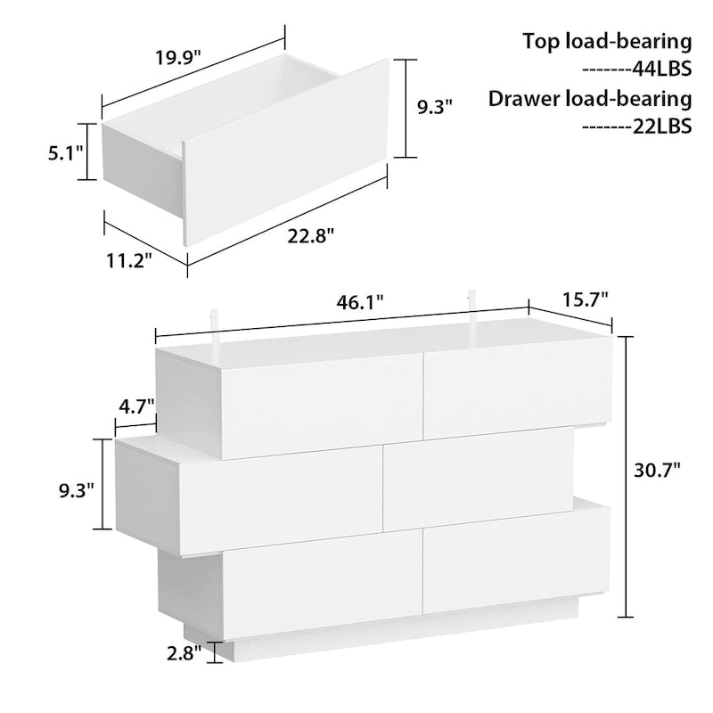 6-Drawer High Gloss Dresser Chest with Offset Design, Black or White