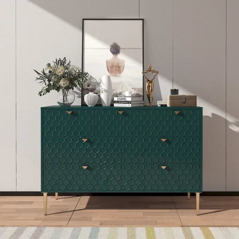 7-Drawer Dresser Chest with Honeycomb Pattern & Gold Tapered Legs, 4 Colors