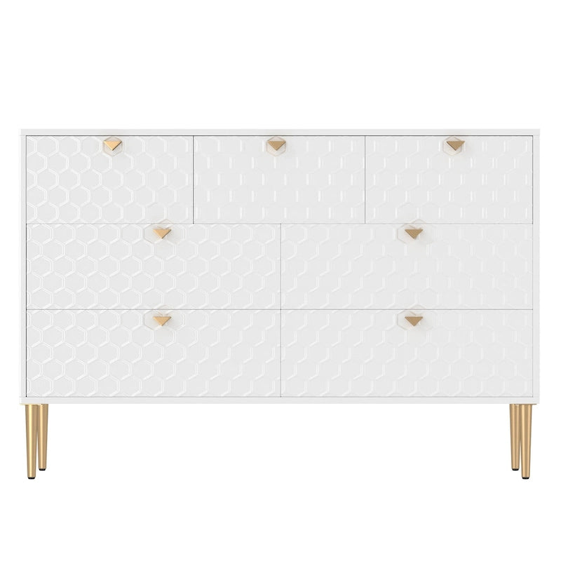 7-Drawer Dresser Chest with Honeycomb Pattern & Gold Tapered Legs, 4 Colors
