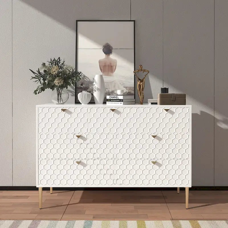 7-Drawer Dresser Chest with Honeycomb Pattern & Gold Tapered Legs, 4 Colors