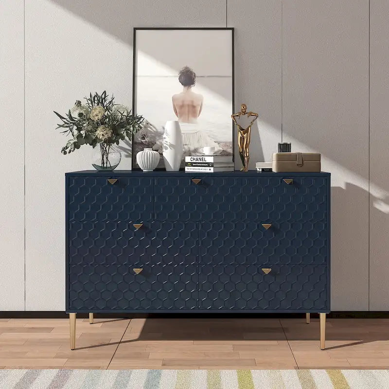 7-Drawer Dresser Chest with Honeycomb Pattern & Gold Tapered Legs, 4 Colors