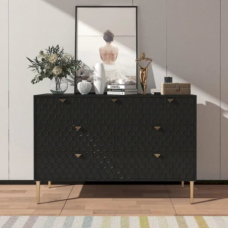 7-Drawer Dresser Chest with Honeycomb Pattern & Gold Tapered Legs, 4 Colors