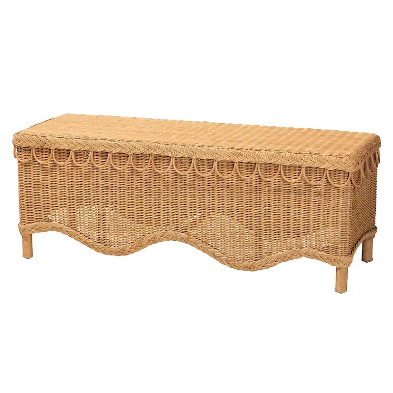 Bohemian Handwoven Rattan Accent Bench with Scalloped Edge