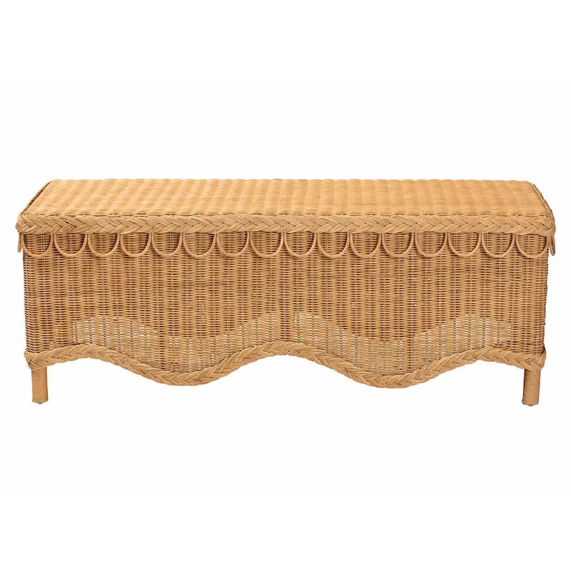 Bohemian Handwoven Rattan Accent Bench with Scalloped Edge