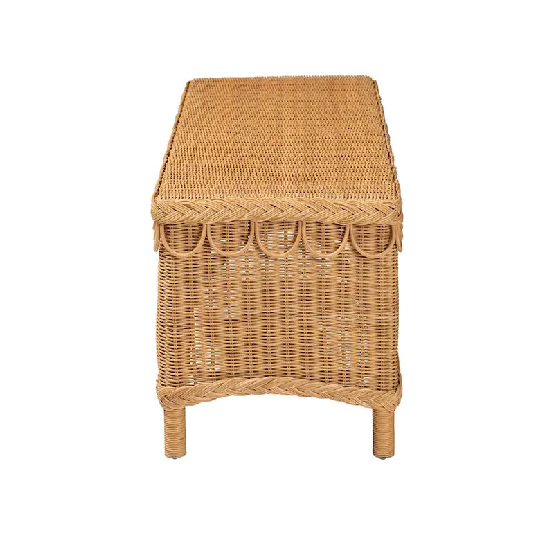 Bohemian Handwoven Rattan Accent Bench with Scalloped Edge