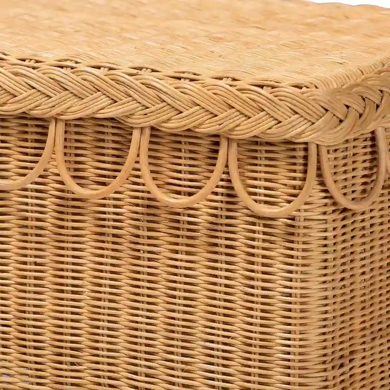 Bohemian Handwoven Rattan Accent Bench with Scalloped Edge