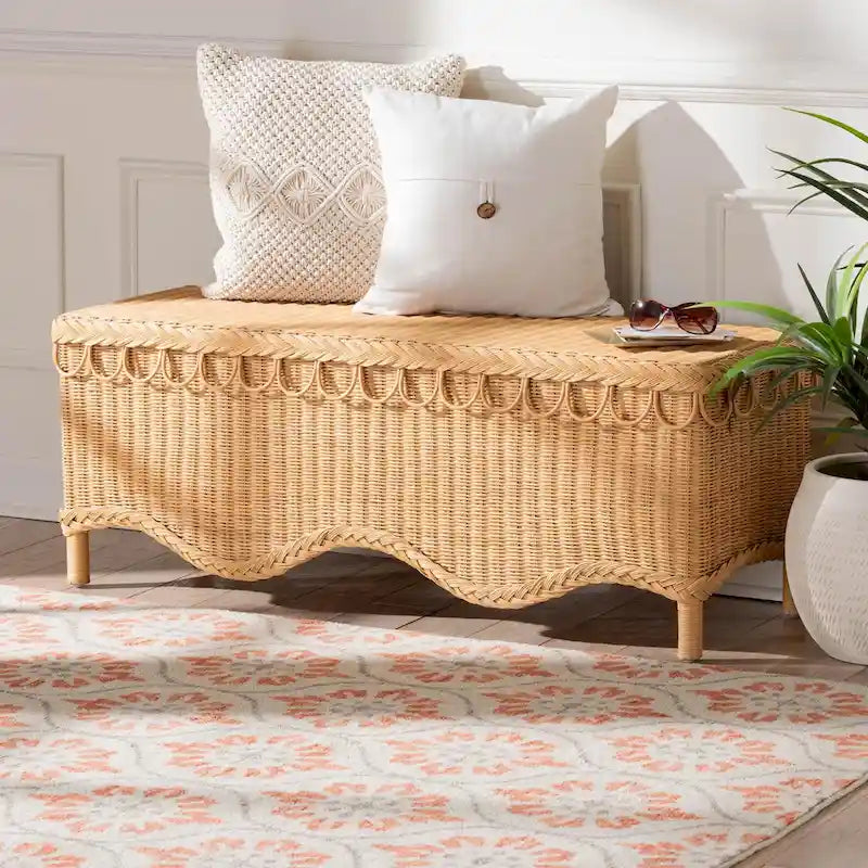 Bohemian Handwoven Rattan Accent Bench with Scalloped Edge