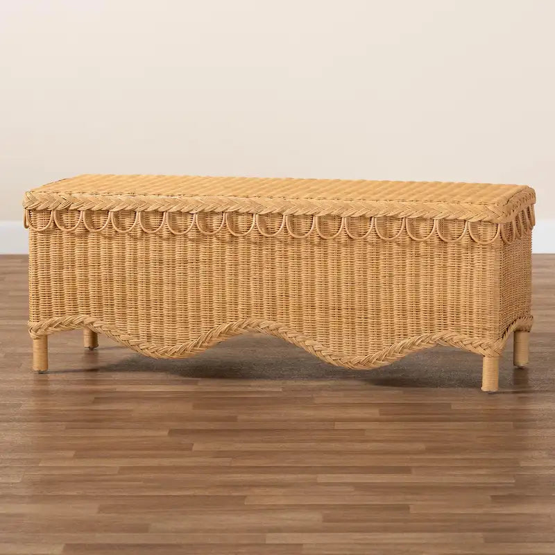 Bohemian Handwoven Rattan Accent Bench with Scalloped Edge