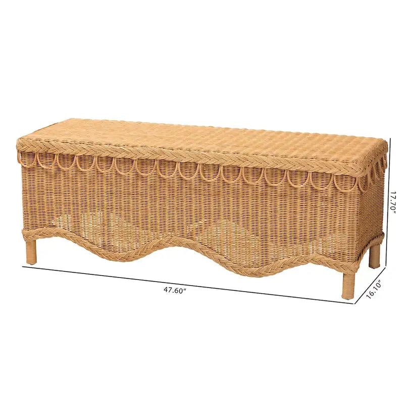 Bohemian Handwoven Rattan Accent Bench with Scalloped Edge