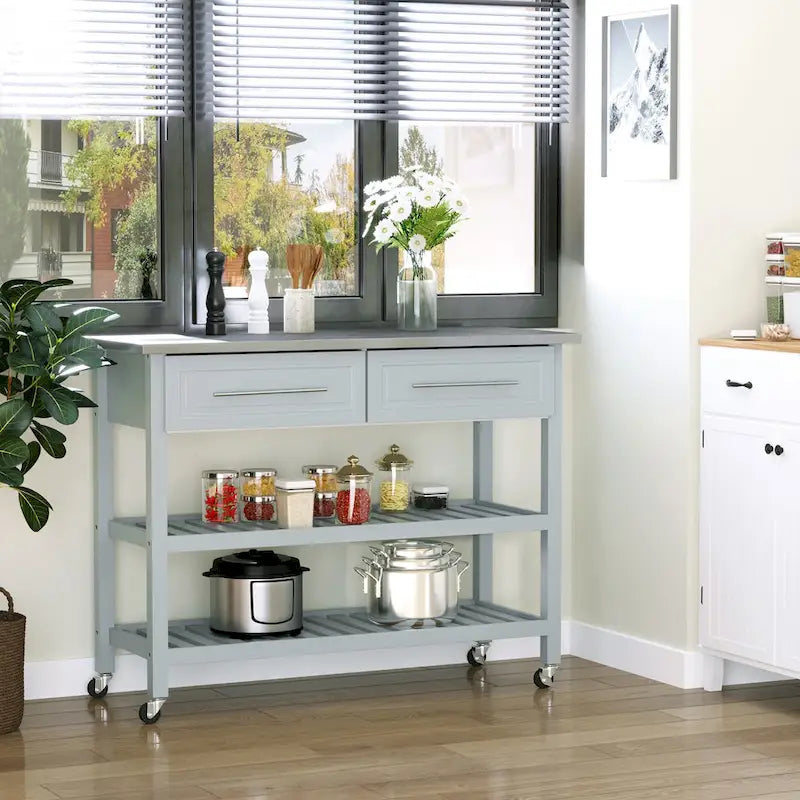 Rolling Kitchen Island Cart with Stainless Steel Top, Drawers & Shelves