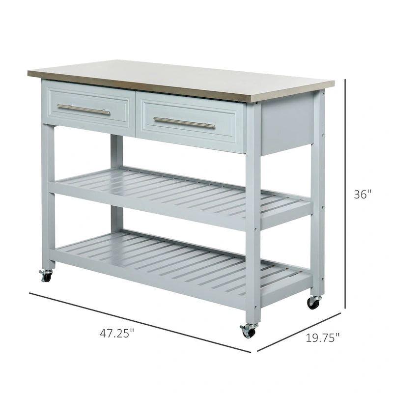Rolling Kitchen Island Cart with Stainless Steel Top, Drawers & Shelves