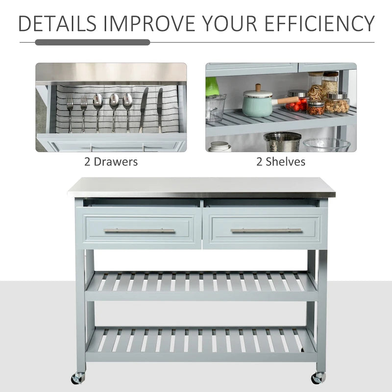 Rolling Kitchen Island Cart with Stainless Steel Top, Drawers & Shelves