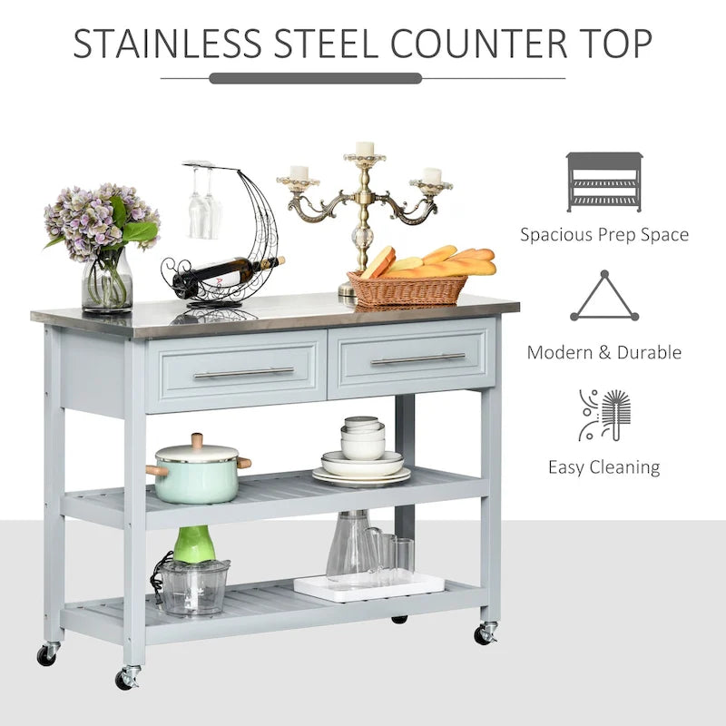 Rolling Kitchen Island Cart with Stainless Steel Top, Drawers & Shelves