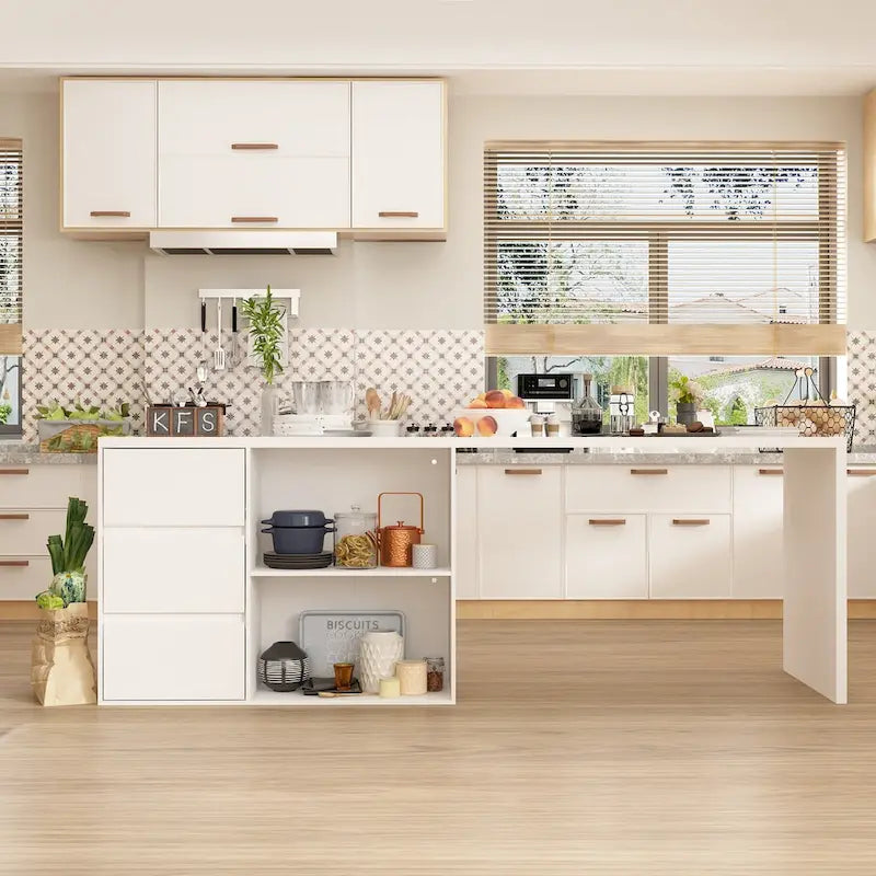 Multifunctional Kitchen Island Table with Drawers, Doors & Open Compartments