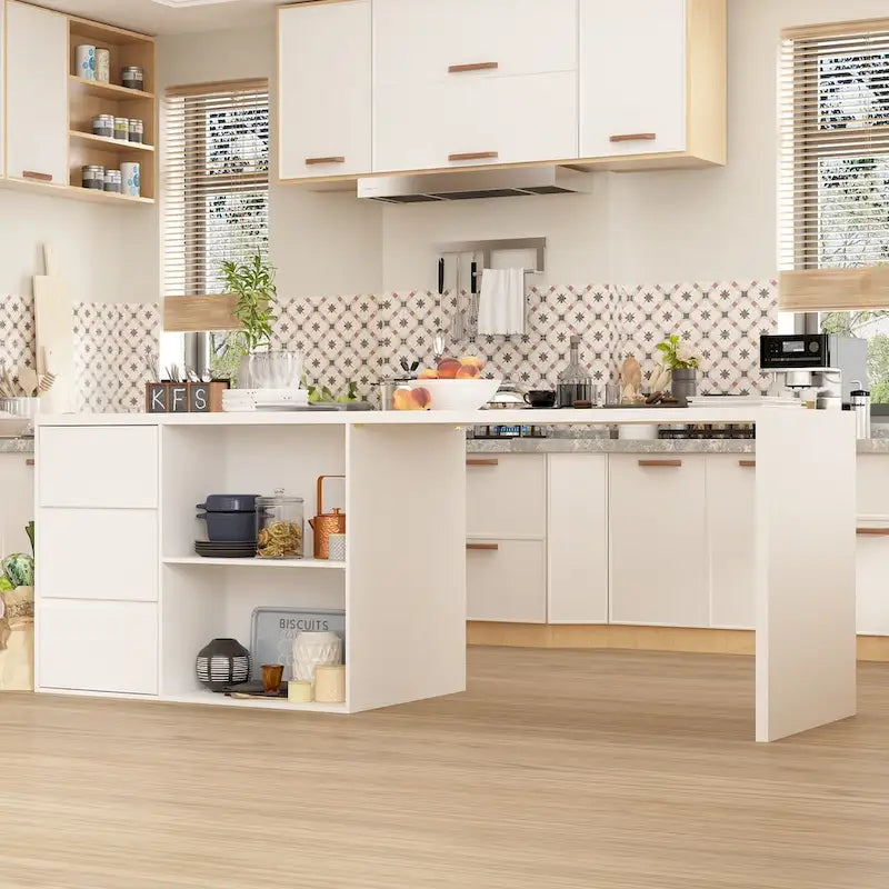 Multifunctional Kitchen Island Table with Drawers, Doors & Open Compartments