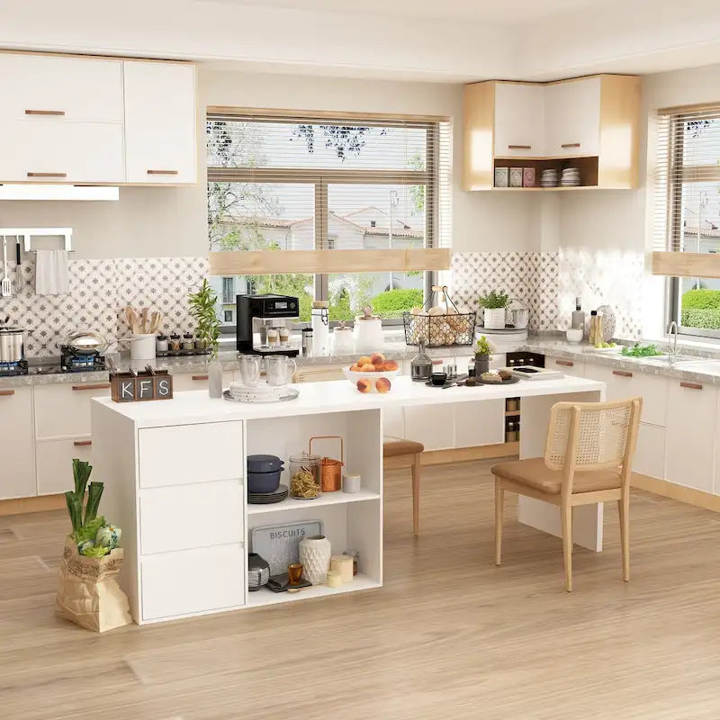 Multifunctional Kitchen Island Table with Drawers, Doors & Open Compartments