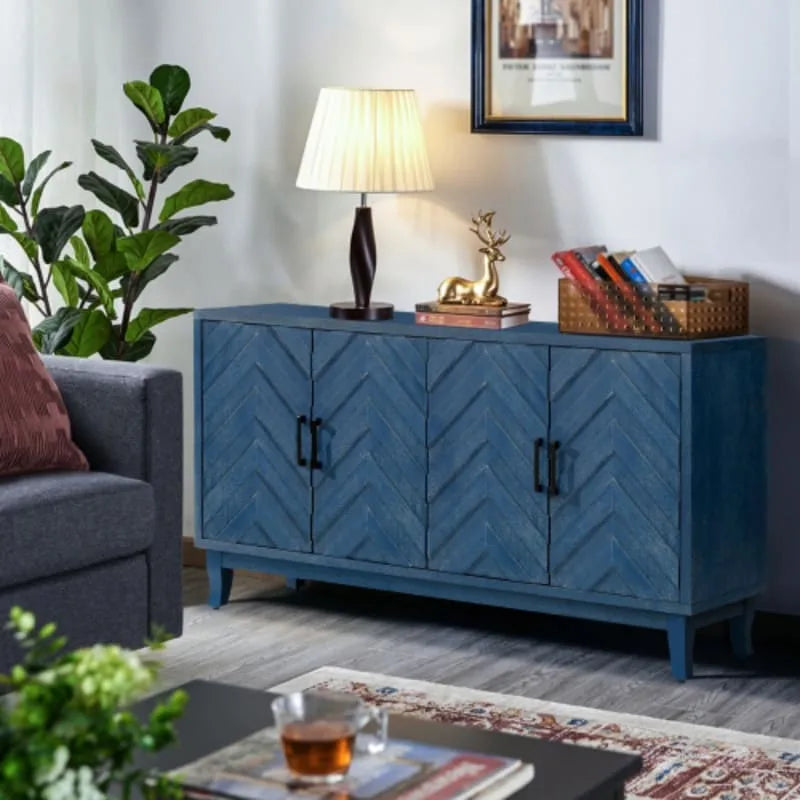 4 Door Wooden Twill Sideboard American Country Vintage Old Living Room Dining Room Hallway Entryway Cabinet