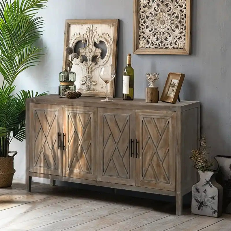 Vintage 4-Door Wood Storage Sideboard Cabinet with Adjustable Shelf