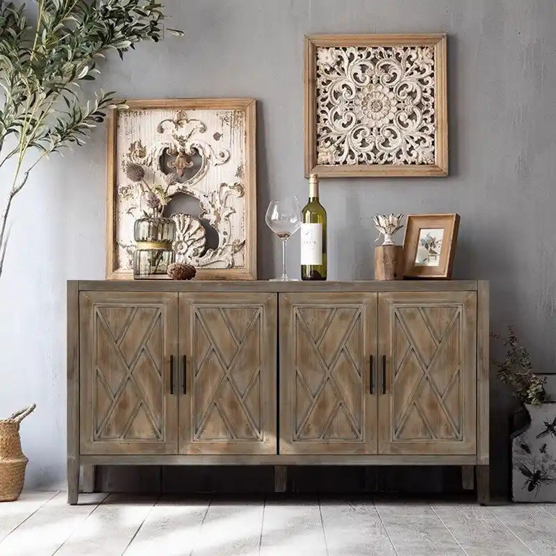 Vintage 4-Door Wood Storage Sideboard Cabinet with Adjustable Shelf