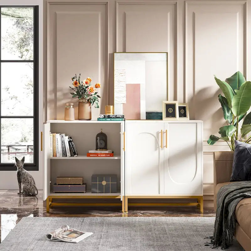 Modern 4-Door Sideboard Buffet Cabinet with Metal Frame & Adjustable Shelves