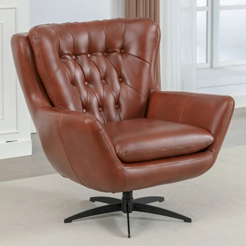 Tufted Faux Leather Swivel Accent Chair with Flared Arms & 5-Star Base