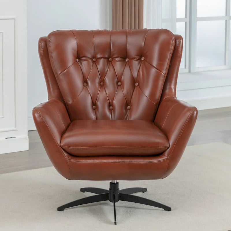 Tufted Faux Leather Swivel Accent Chair with Flared Arms & 5-Star Base