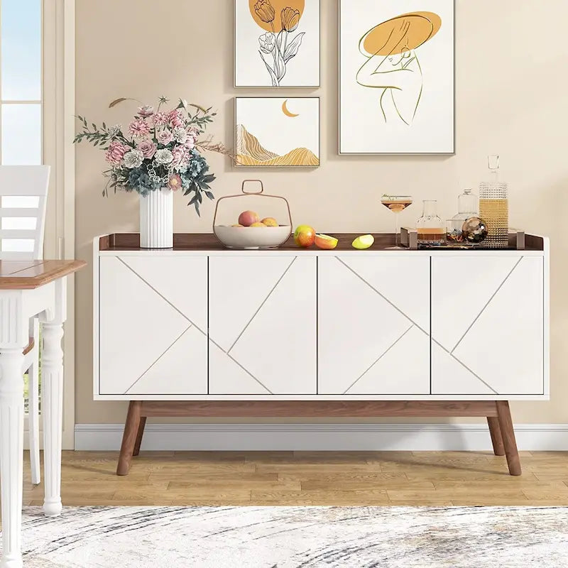 55-Inch Buffet Sideboard Cabinet with Doors, Adjustable Shelves & Open Shelf