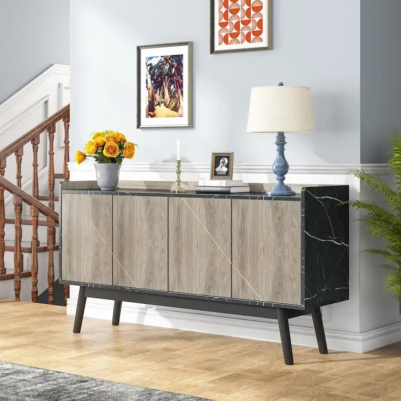 55-Inch Buffet Sideboard Cabinet with Doors, Adjustable Shelves & Open Shelf