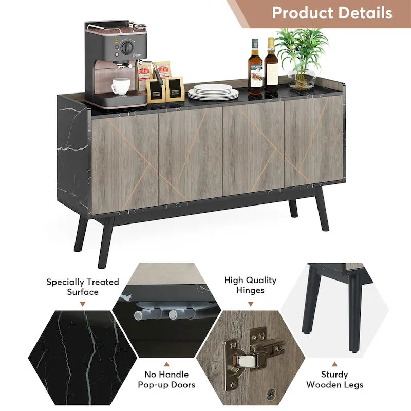 55-Inch Buffet Sideboard Cabinet with Doors, Adjustable Shelves & Open Shelf