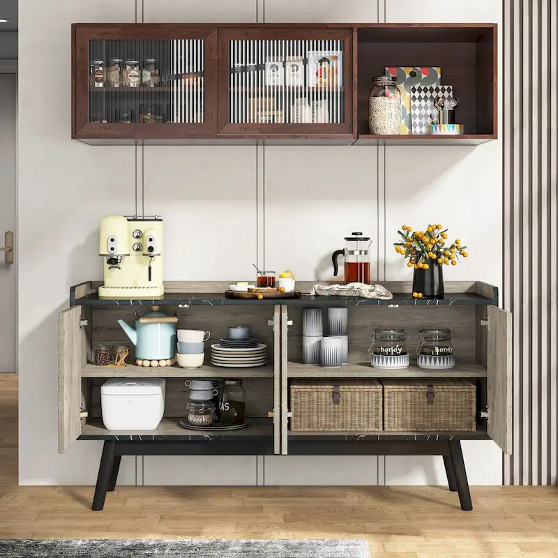 55-Inch Buffet Sideboard Cabinet with Doors, Adjustable Shelves & Open Shelf