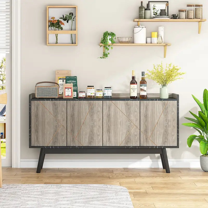 55-Inch Buffet Sideboard Cabinet with Doors, Adjustable Shelves & Open Shelf