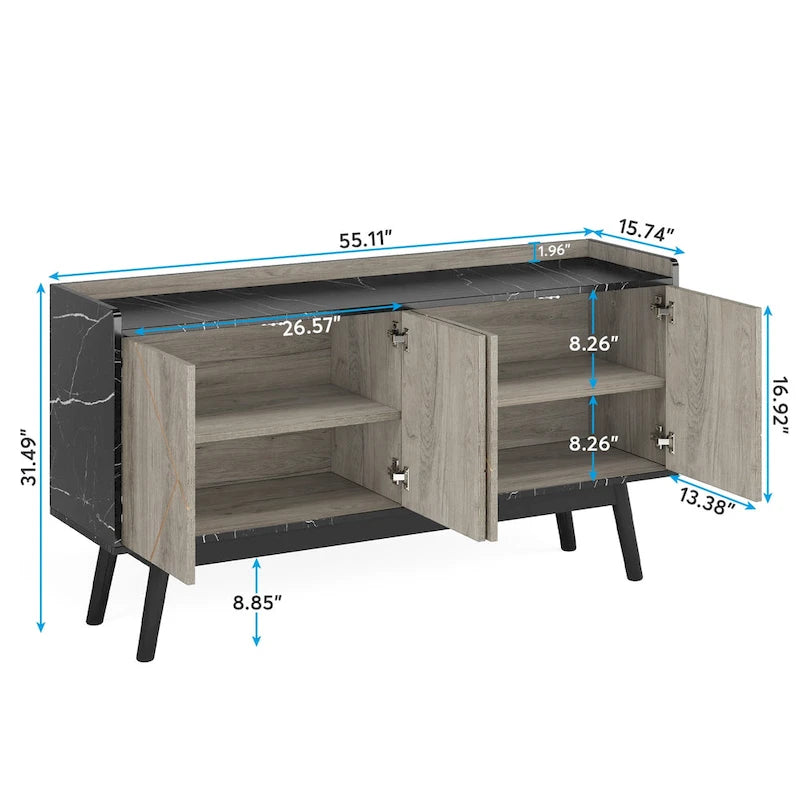 55-Inch Buffet Sideboard Cabinet with Doors, Adjustable Shelves & Open Shelf