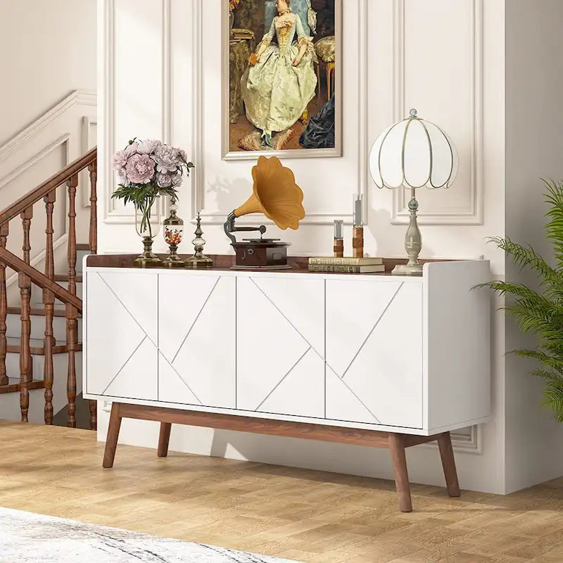 55-Inch Buffet Sideboard Cabinet with Doors, Adjustable Shelves & Open Shelf