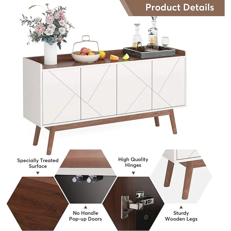 55-Inch Buffet Sideboard Cabinet with Doors, Adjustable Shelves & Open Shelf