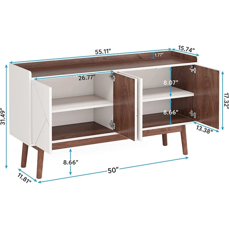 55-Inch Buffet Sideboard Cabinet with Doors, Adjustable Shelves & Open Shelf