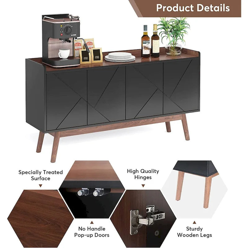 55-Inch Buffet Sideboard Cabinet with Doors, Adjustable Shelves & Open Shelf