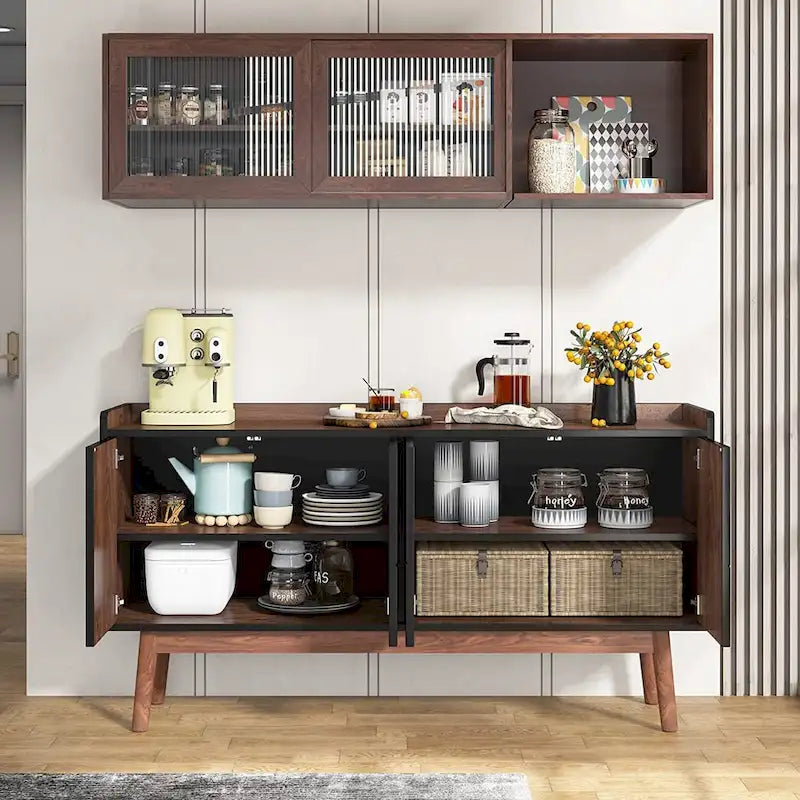 55-Inch Buffet Sideboard Cabinet with Doors, Adjustable Shelves & Open Shelf