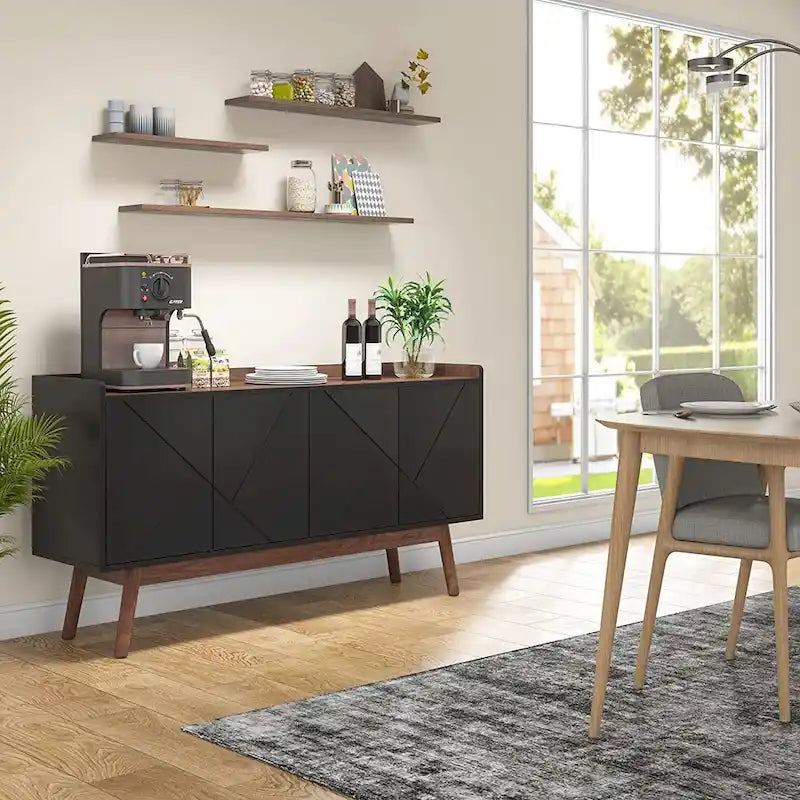 55-Inch Buffet Sideboard Cabinet with Doors, Adjustable Shelves & Open Shelf