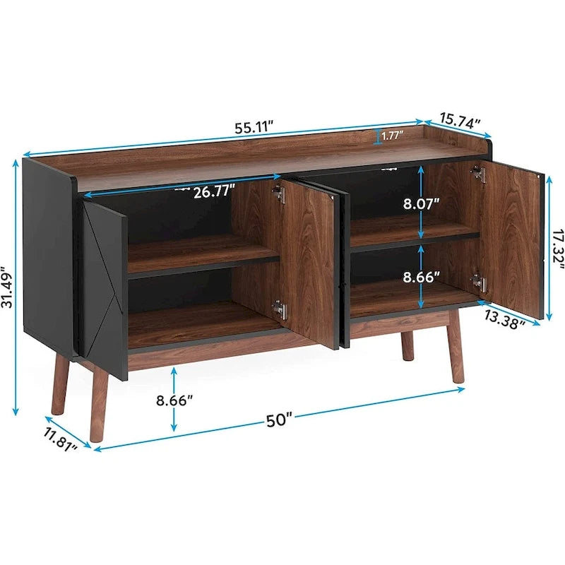 55-Inch Buffet Sideboard Cabinet with Doors, Adjustable Shelves & Open Shelf