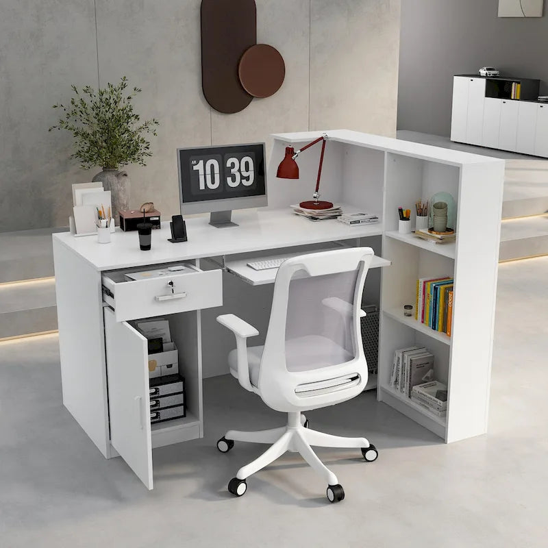L-Shaped Reception Desk with Lockable Storage, Printer Shelf & File Drawer