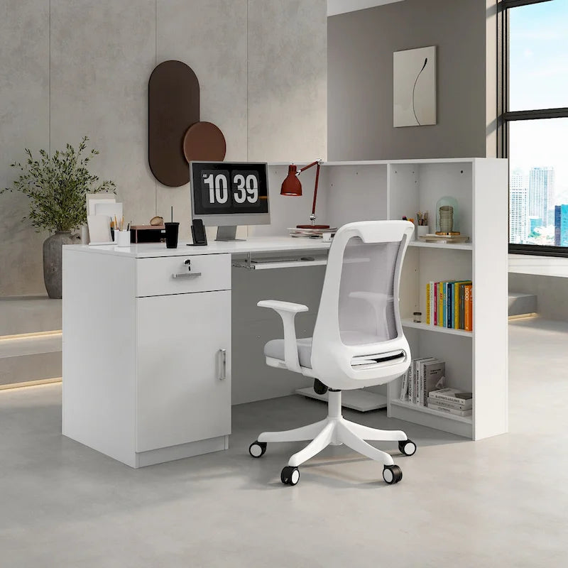 L-Shaped Reception Desk with Lockable Storage, Printer Shelf & File Drawer