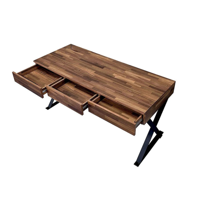 Industrial Wooden Desk with 3 Drawers, Built-in USB Port & Power Outlet