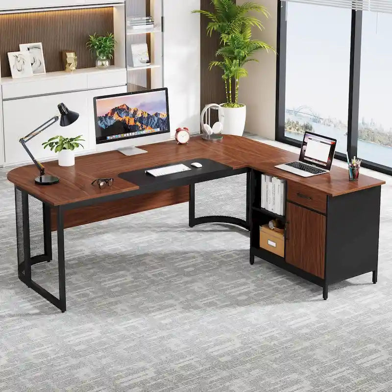 63" L-Shaped Executive Desk with Side File Cabinet & Privacy Panel