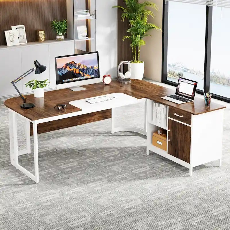 63" L-Shaped Executive Desk with Side File Cabinet & Privacy Panel