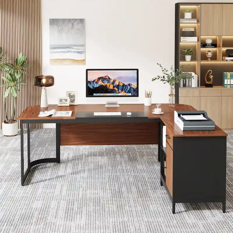 63" L-Shaped Executive Desk with Side File Cabinet & Privacy Panel