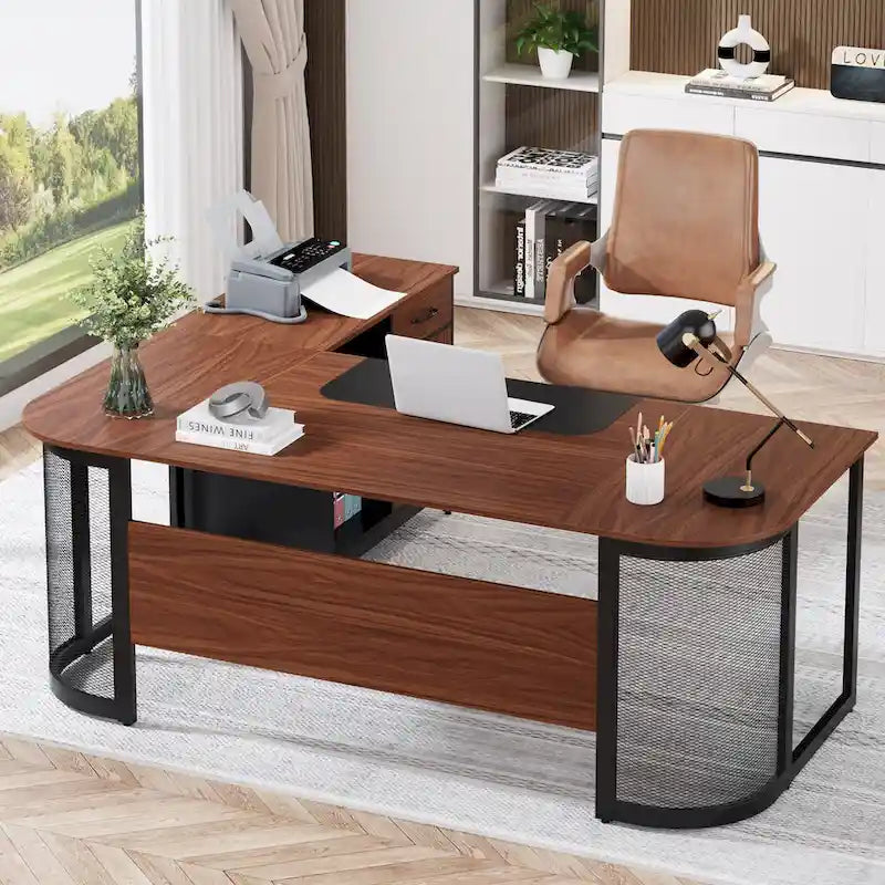 63" L-Shaped Executive Desk with Side File Cabinet & Privacy Panel
