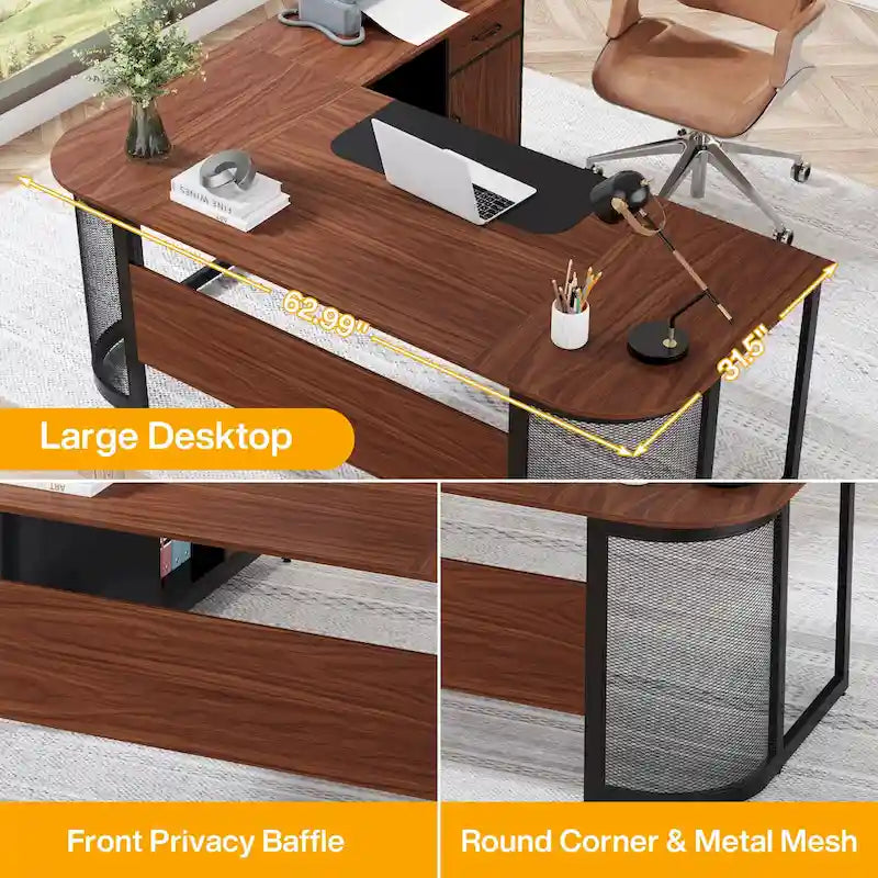 63" L-Shaped Executive Desk with Side File Cabinet & Privacy Panel