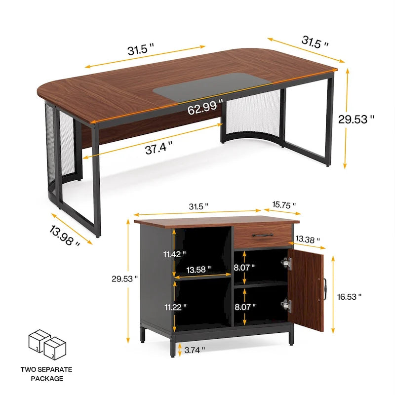 63" L-Shaped Executive Desk with Side File Cabinet & Privacy Panel