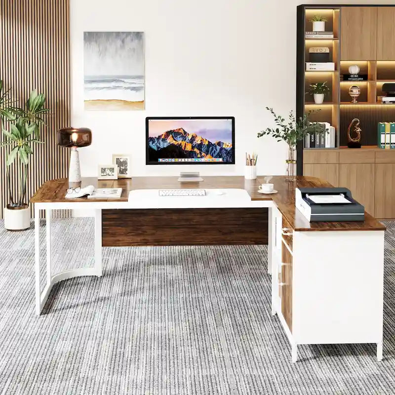 63" L-Shaped Executive Desk with Side File Cabinet & Privacy Panel